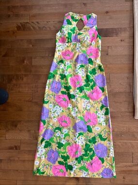 Vintage Empire Waist Keyhole back Dark Cream Floral Maxi Dress |Pink & Lavender